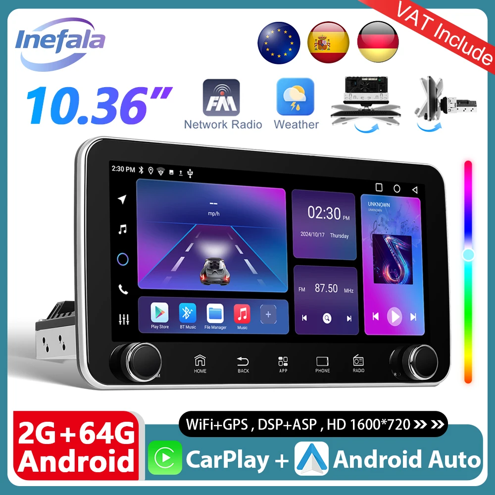 Podofo 10,36" IPS Wireless CarPlay Android Auto Radio 360 ° Lettore multimediale per auto con schermo rotante Autoradio stereo GPS WIFi da 1Din