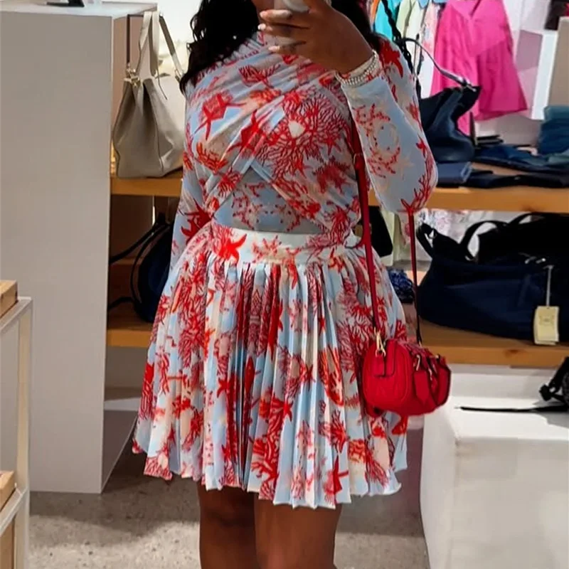 Frauen Zwei Stück Sets Shorts Rock Set Volle Hülse Print Top Kurze Röcke EINE Linie Plissee Hohe Taille Y2k Streetwear Elegante Herbst Image