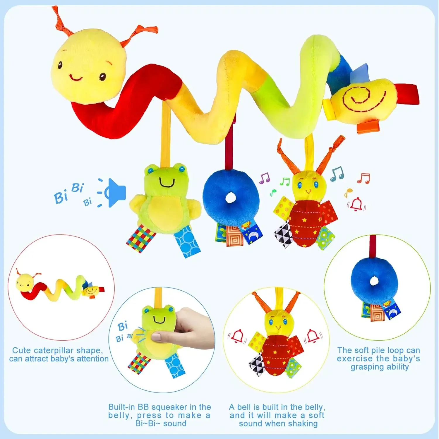 Säuglings-Plüsch-Hängespielzeug für Babys, 0–6 Monate, Kinderwagen, Autositz, Komfort, Puppe, Krippe, mobile Rasseln, Bettwickel, Plüsch-Babyspielzeug