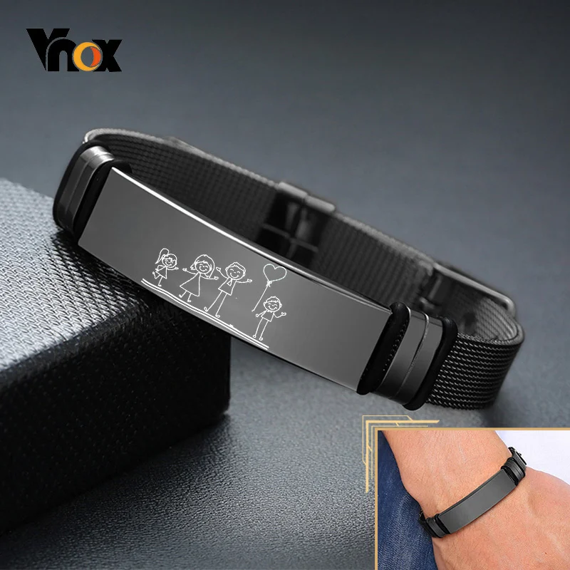 Braccialetti personalizzati regolabili Vnox per uomo donna, cinturino in maglia di acciaio inossidabile da 12mm, personalizzato per papà figlio regalo significativo