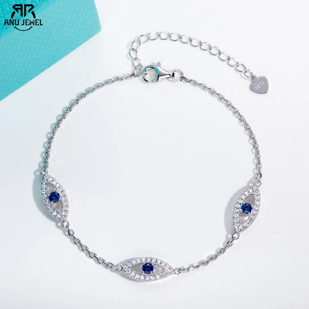 AnuJewel Moissanit Evil Eye Armband 925 Sterling Silber 18 Karat vergoldet 18 + 5 cm verstellbare Armbänder Fußkettchen für Damenschmuck