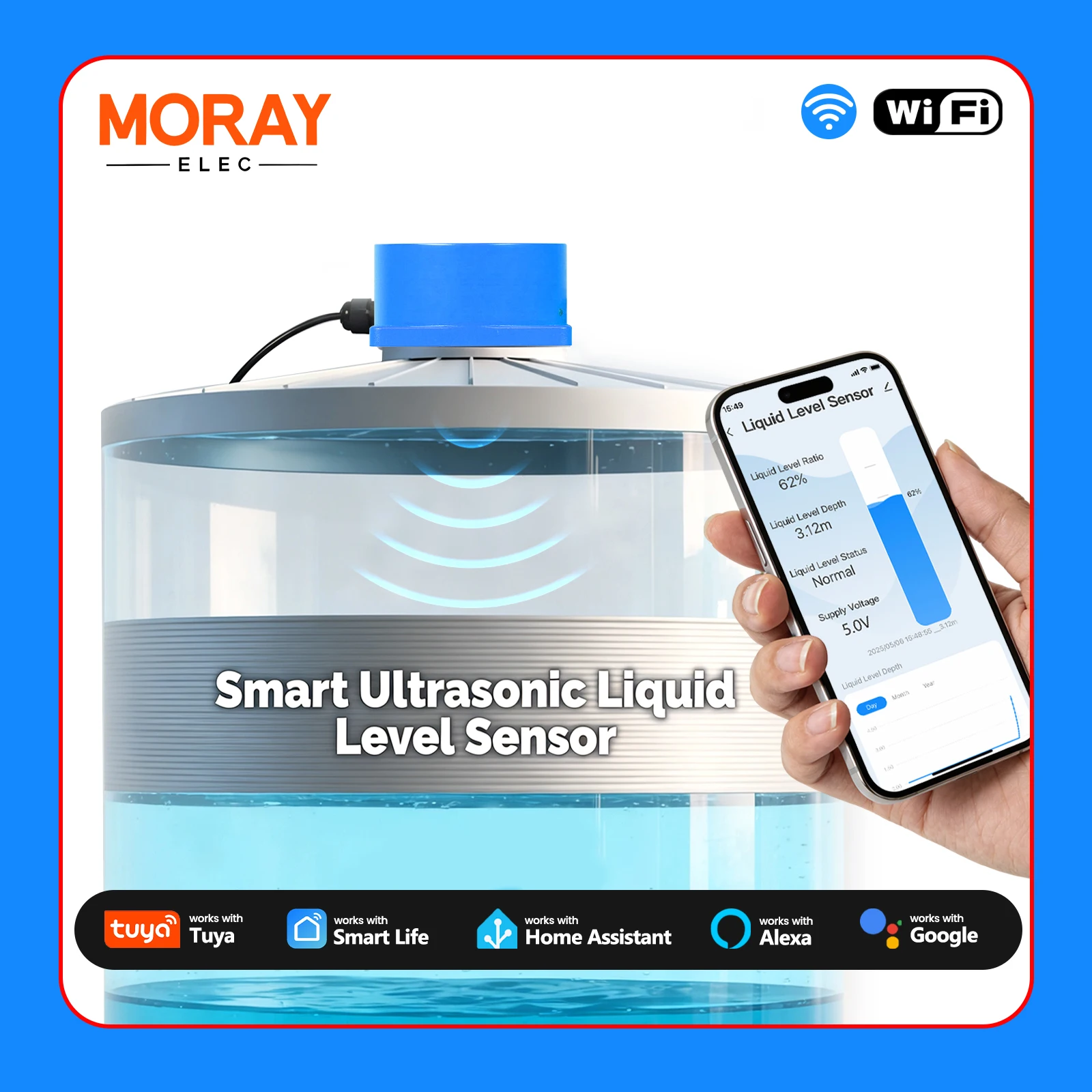 Moray ME201W Drahtlose Tuya Smartlife APP WiFi Ultraschall Level Anzeige Sensor Flüssigkeit Niveau Sensoren Wasserstand Monitor Image