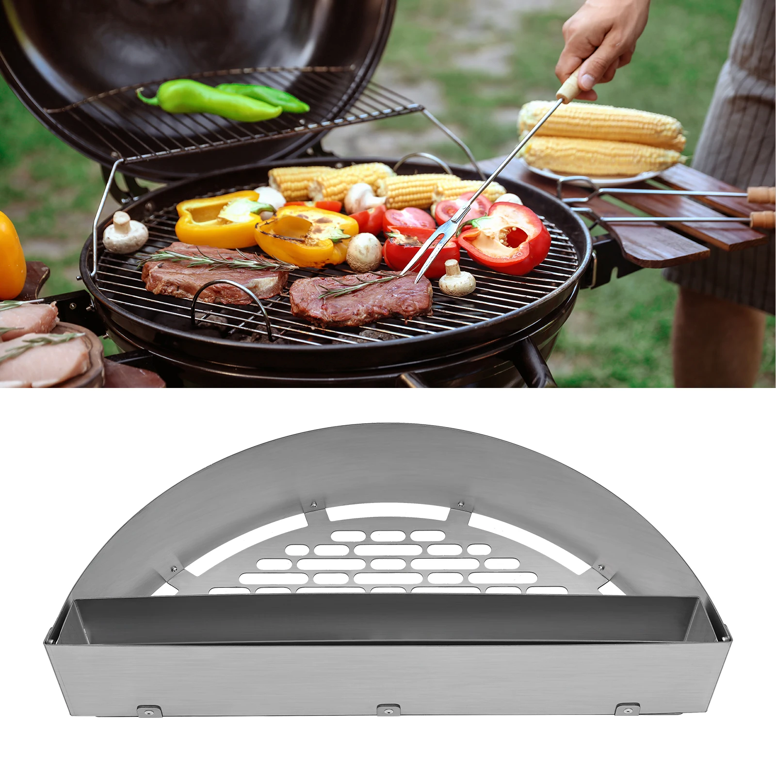 Grillkörbe aus Edelstahl, langsamer Grillkorb, Holzkohlebretthalter, Holzkohlekorb mit großem Fassungsvermögen und Wasserpfanne Image