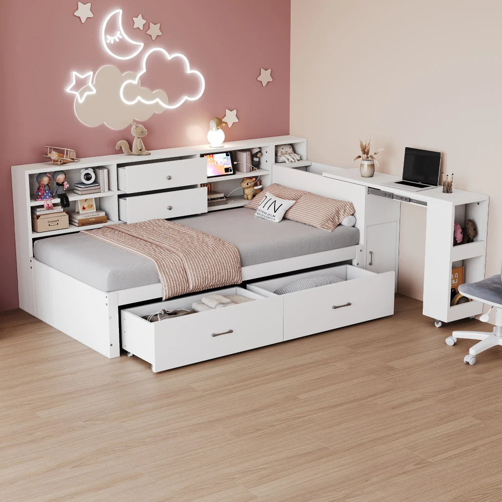 Schlafsofa aus Holz, 90 x 200 cm, multifunktionaler Stauraum, ausziehbarer Schreibtisch und Regale, mit 2 großen Schubladen und Steckdose, Einzelbett Image