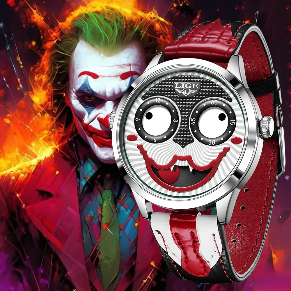LIGE Uhr Männer Kühlen Joker Klassische Uhren Herrenmode Clown Lederband Wasserdicht Quarz Armbanduhren Für Männer Reloj Hombre Image