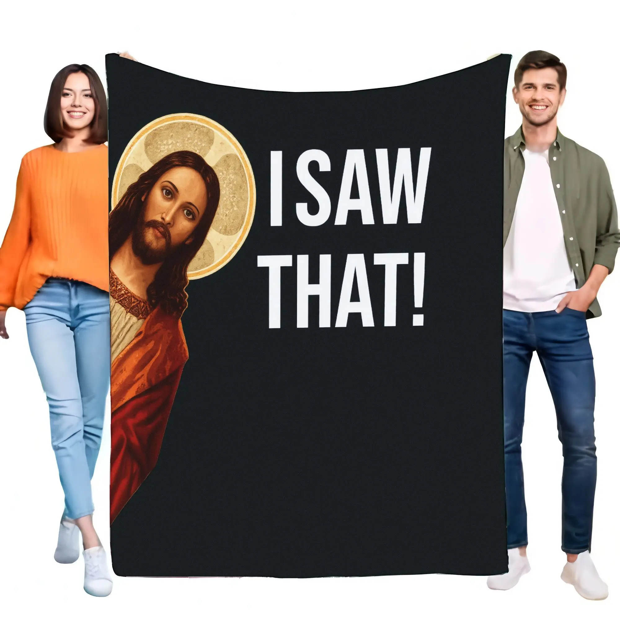 Große schwarze Jesus-Decke mit goldenem Halo und kräftig „I SAW THAT!“ Text | Perfekt für gemütliche Anlässe, Heimdekoration, Geschenk für die Religion Image