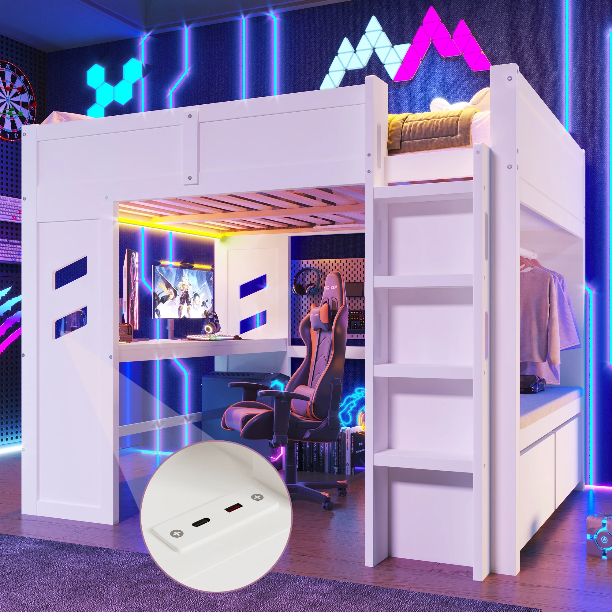 Gaming Hochbett 140x200cm, weiß. Schreibtisch inkl. LED, USB/Typ-C Anschlüsse, Schublade & Wäscheständer. Ohne Matratze. Image