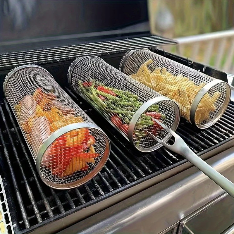 2 Stück Edelstahl-Grillkäfig, Grillkäfig, perfekt zum Grillen im Freien, Grillzubehör, Werkzeug, Geschenke für Männer, Vater, Freund Image
