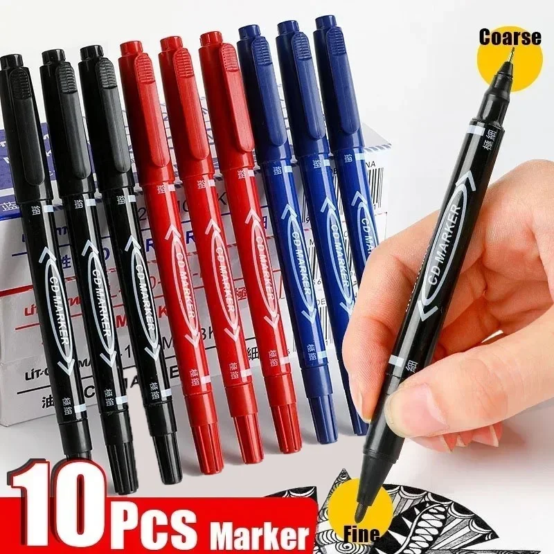 10Pcs Twin Tip Permanent Marker Schwarz/Blau/Rot Wasserdicht Öl Marker Stift Feine Nid Marker Tinte schule Schreibwaren Büro Liefert Image
