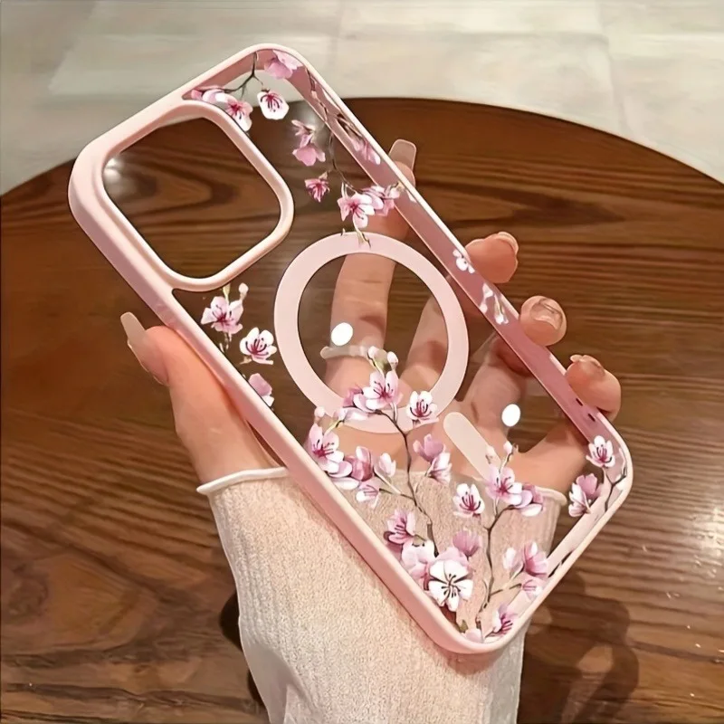 Rosa Kirsche, elegantes Blumen-Hintergrund-Design, magnetische Handyhülle für iPhone 17, 16, 15, 14, 13, 12, Pro Max 11, 16 Plus, 16E, 17Air-Cover
