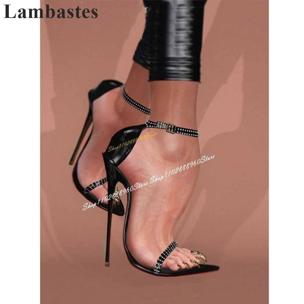 Trendy Schwarz Schmale Kristall Strap Flache Sandalen Thin High Heel Frauen Schuhe Knöchel Schnalle Offene spitze 2024 Zapatillas Mujer
