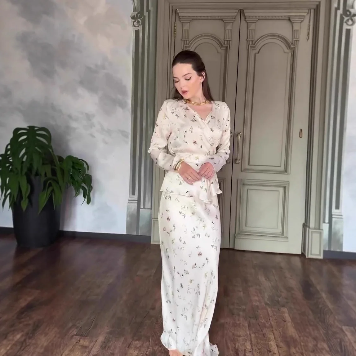 Frauen Eid Lange Röcke Top Party Anzug Muslimischen 2-teiliges Set Blumendruck Dubai Islam Arabisch Saudi Outfits Rock Ensembles Ramadan Image