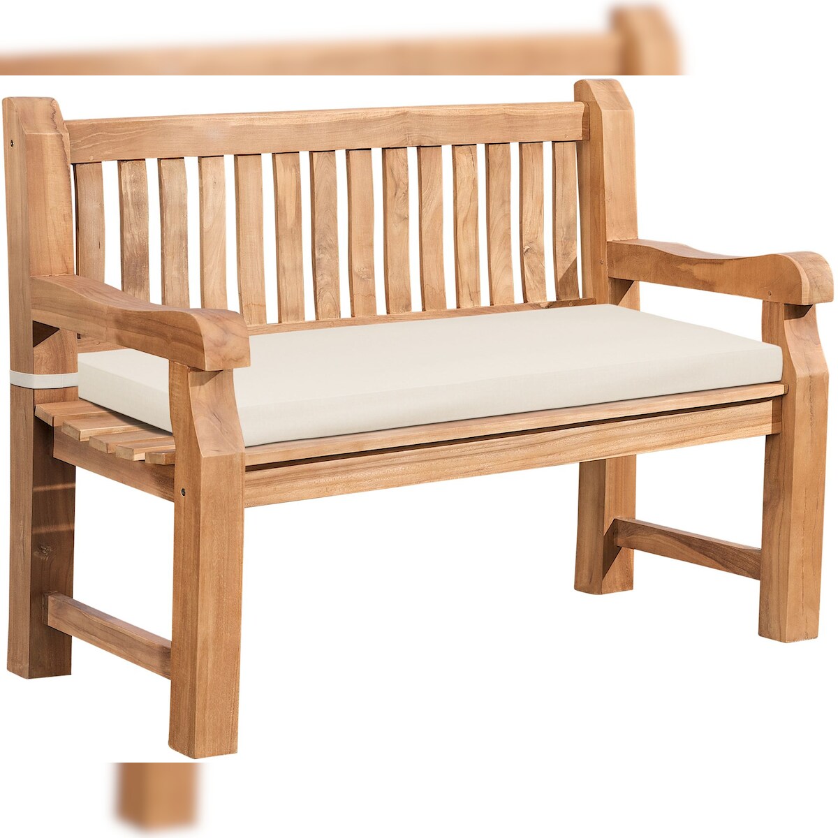 DELUKE Gartenbank Teakbank DABEL - Holz Creme 120x61x93 cm | Holzbank 120 Cm Mit Sitzkissen Gartenbank Sitzbank Mit Lehne Wetterfest Bank Garten Terrasse Image