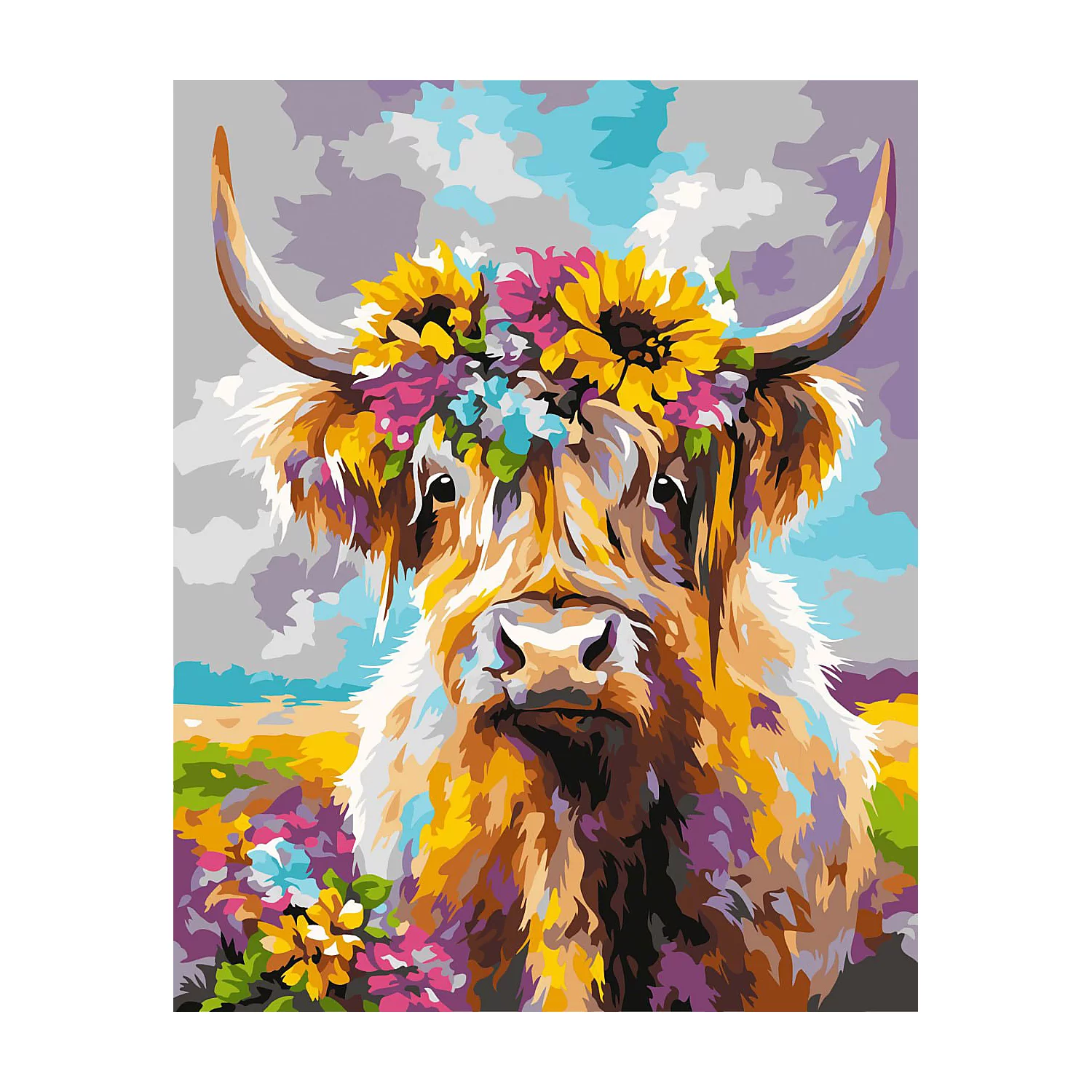 Malen nach Zahlen auf Leinwand Hochlandrind mit Blumen, 50 x 40 cm