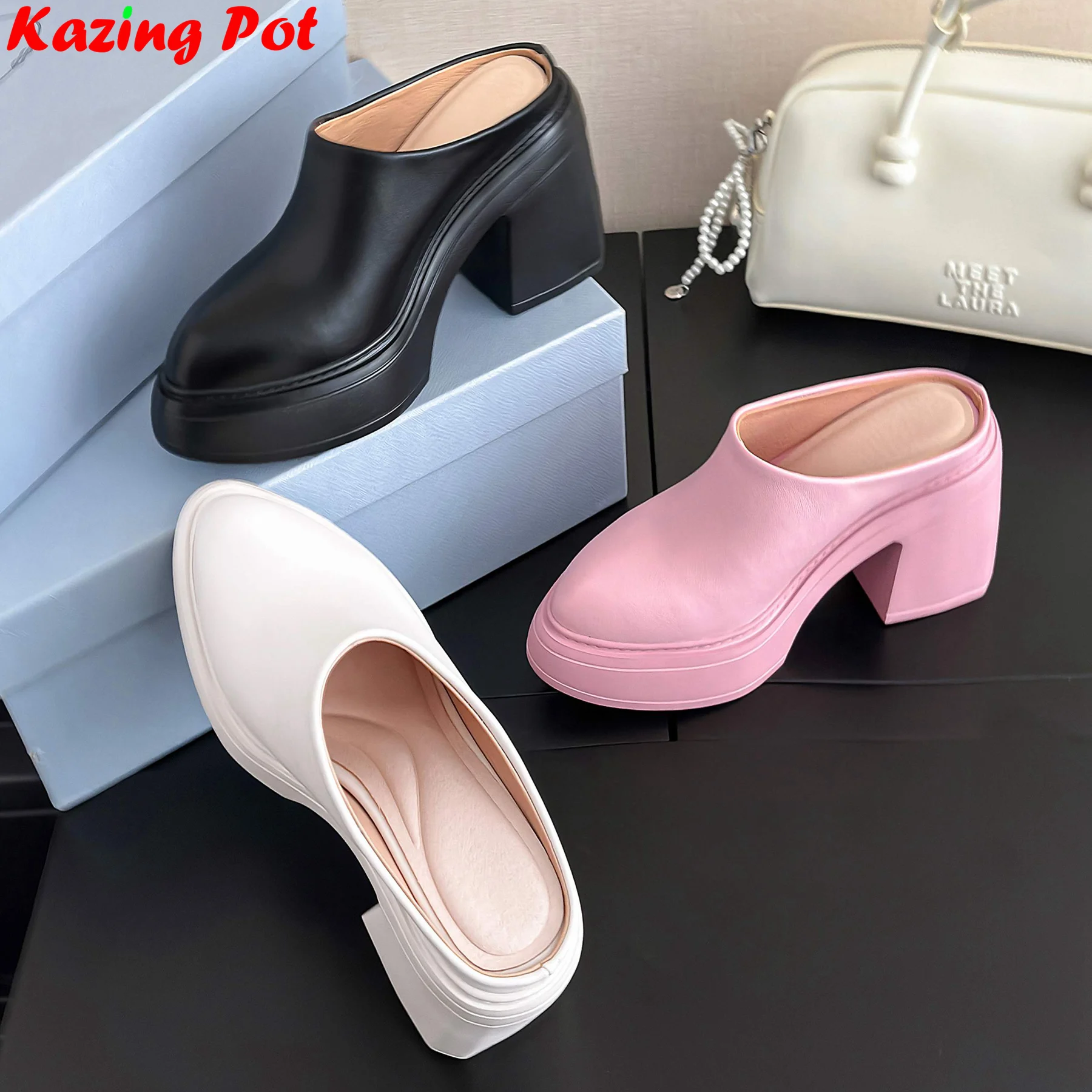 Krazing Pot Größe 32-40 Kuh Leder Super High Heels Frühling Sommer Schuhe Elegante Plattform Dating Maultiere Urlaub Marke frauen Pumpen