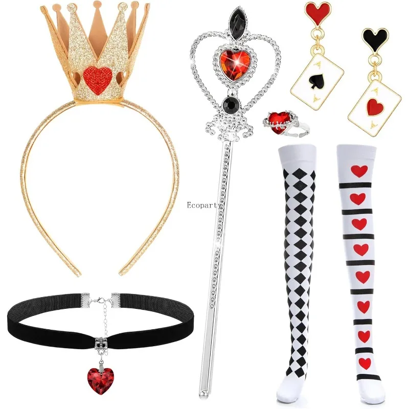 6-teiliges Herzen-Königin-Kostüm, rote Königin, Kostümzubehör, Krone, Stirnband, Zauberstab, Halsband, Halskette, Socken, Herz, Ring, Ohrringe, Halloween Image