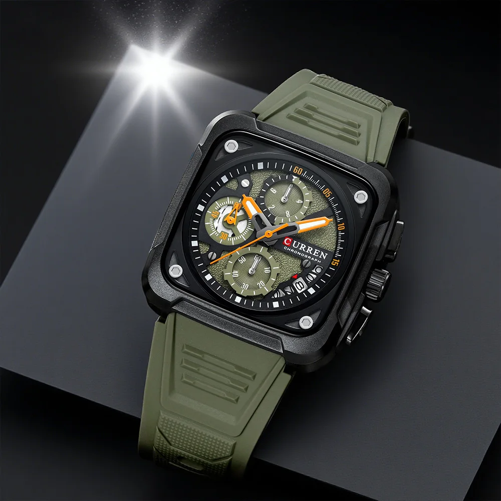 CURREN Vintage Herren-Chronograph, quadratisch, 42 mm, dreifaches Hilfszifferblatt, Militär-Stil, Silikonarmband, Quarz-Armbanduhr, Outdoor-Stil Image
