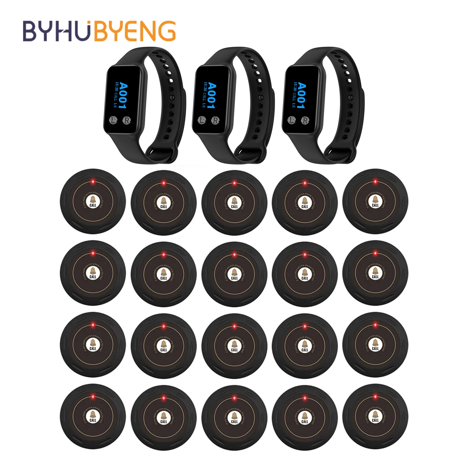 Byhubyeng Cafe Waiter Service Buzzer 20 Restaurant Table Call Button Transmitter 3 Watch Waiter Pager Wireless Calling System Image