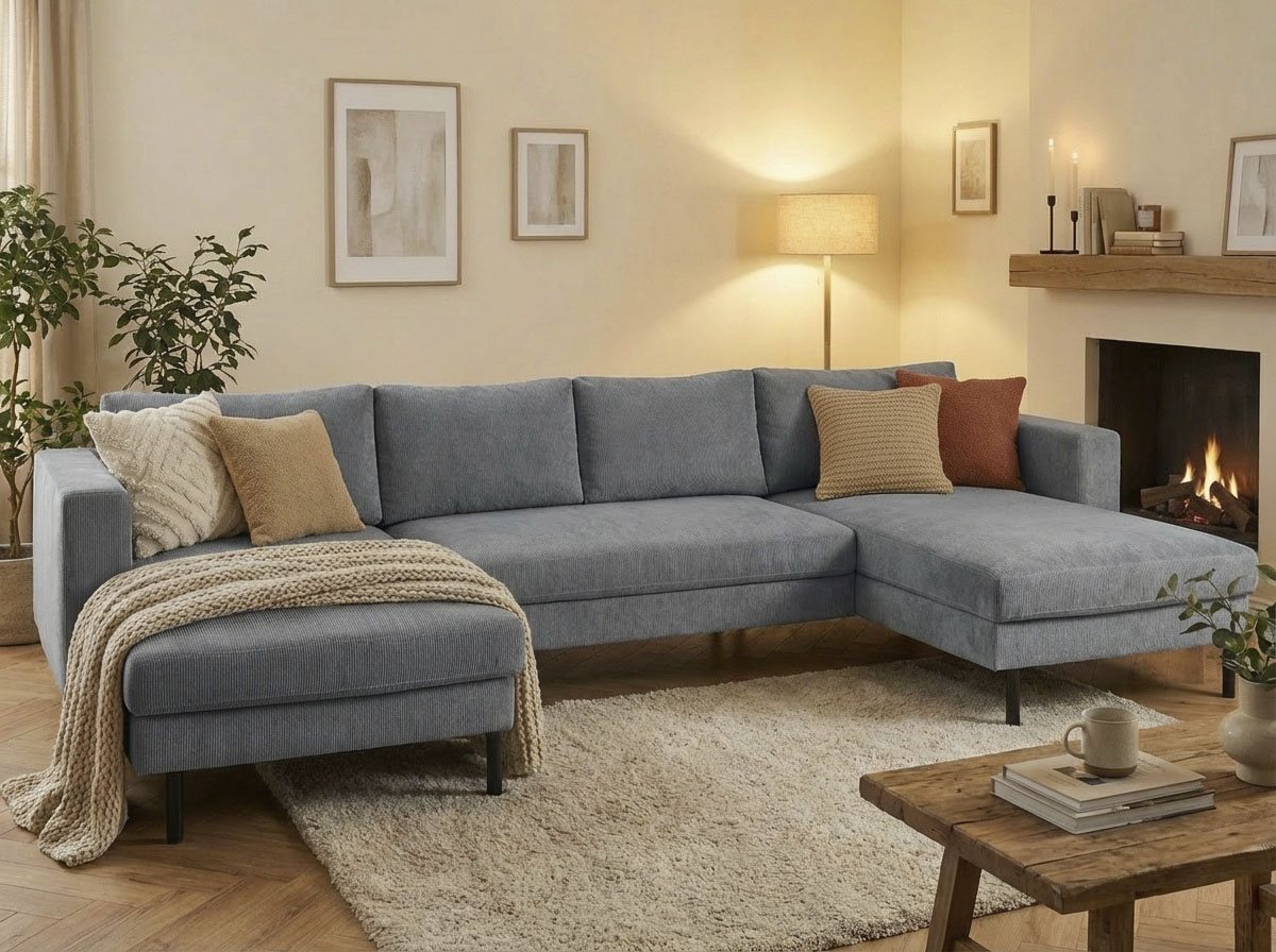 Wohnlandschaft TRENDMANUFAKTUR "Amazing II, wahlw. mit Schlaffunktion & Bettkasten, Fuß schwarz", grannit grau, B:305cm H:81cm T:161cm, Sofas, Wohnlandschaft, Sofa in U-Form, in Cord, Struktur LEO o. Struktur LINO, Breite 305 cm Image