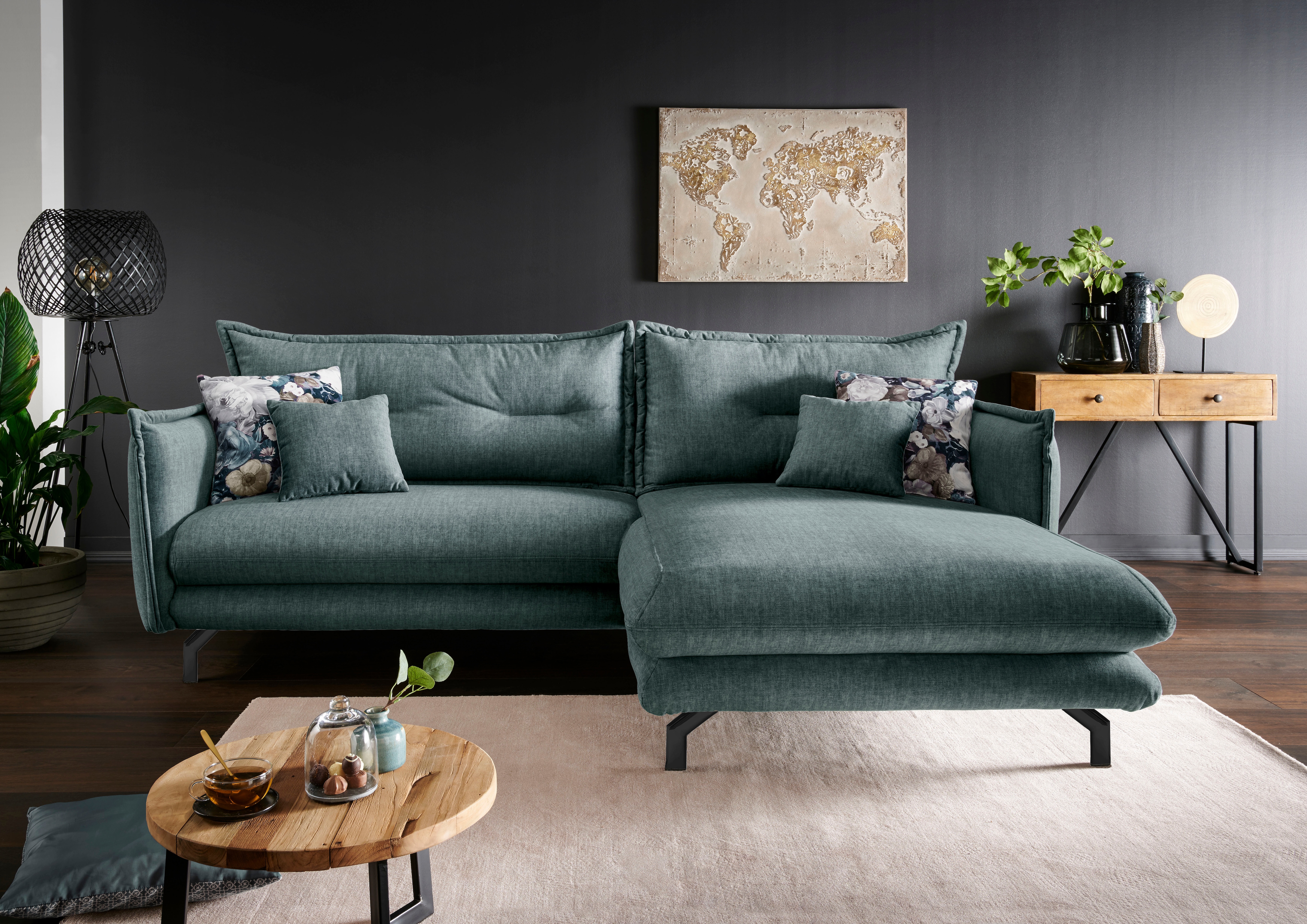 Ecksofa HOME AFFAIRE "LAVA Breite 255 cm, modern und elegant, aktuelle Kissenoptik, L-Form", ocean, türkis, B:255cm H:94cm T:180cm, Sofas, Ecksofa, Armlehnen verstellbar