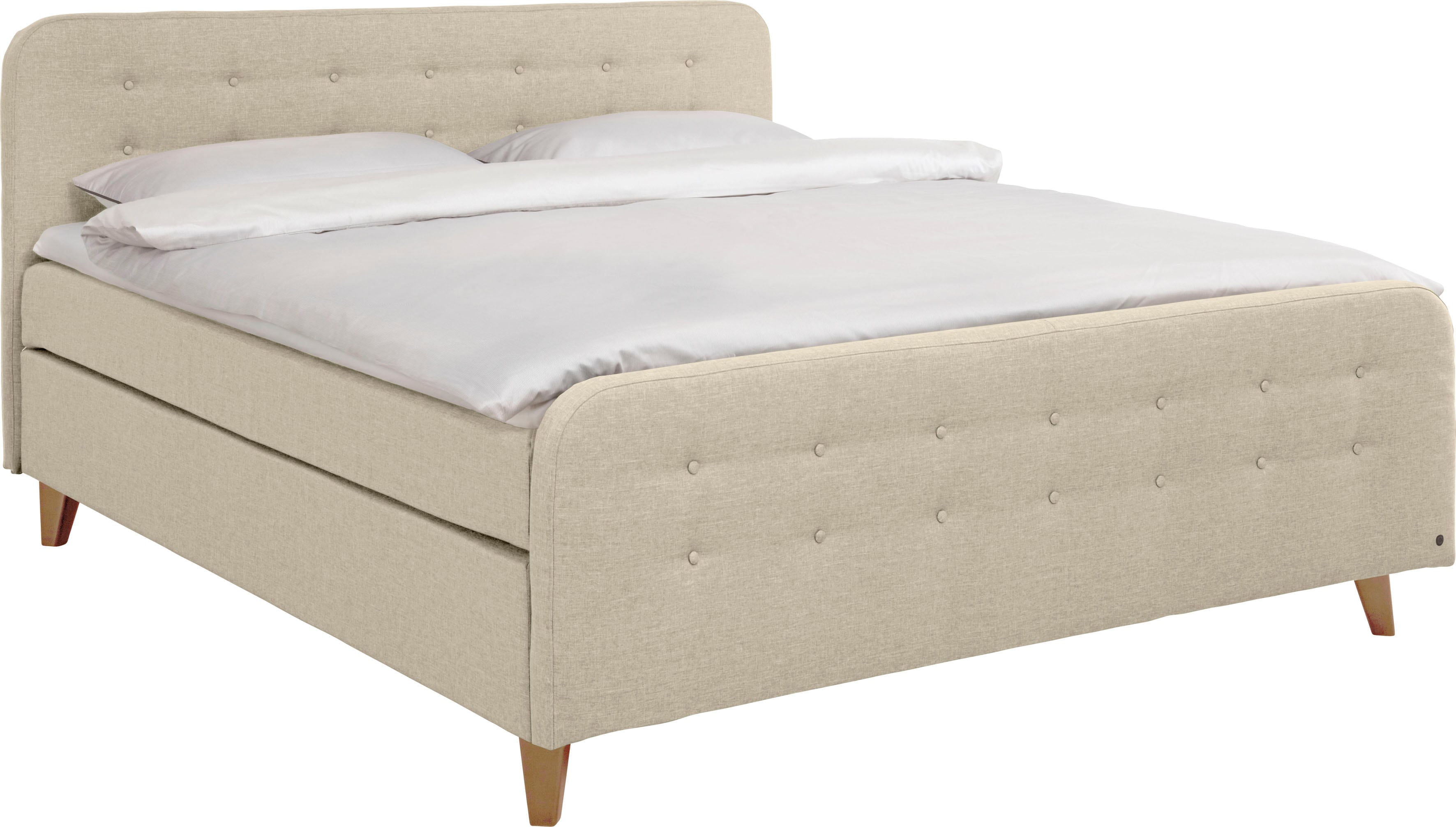 Boxspringbett TOM TAILOR HOME "NORDIC BOX", ecru tus 1, Vintage Webstoff TUS, Liegefläche B/L: 140cm x 200cm, H3, 5-Zonen-Tonnentaschen-Federkernmatratze, Komplettbetten, Boxspringbett, mit Knopfheftung im Kopfteil und Fußteil, Füße in Buche natur