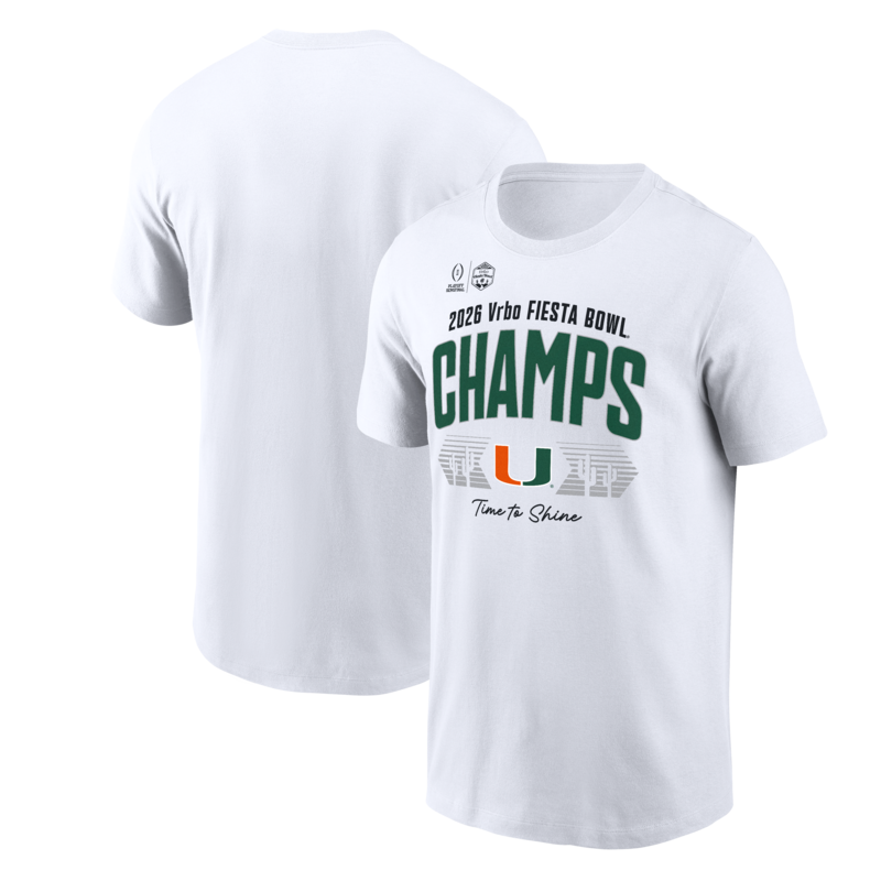 Weißes Herren-T-Shirt der Miami Hurricanes für die College-Football-Playoffs 2026, Fiesta Bowl Champions, Umkleidekabine Image