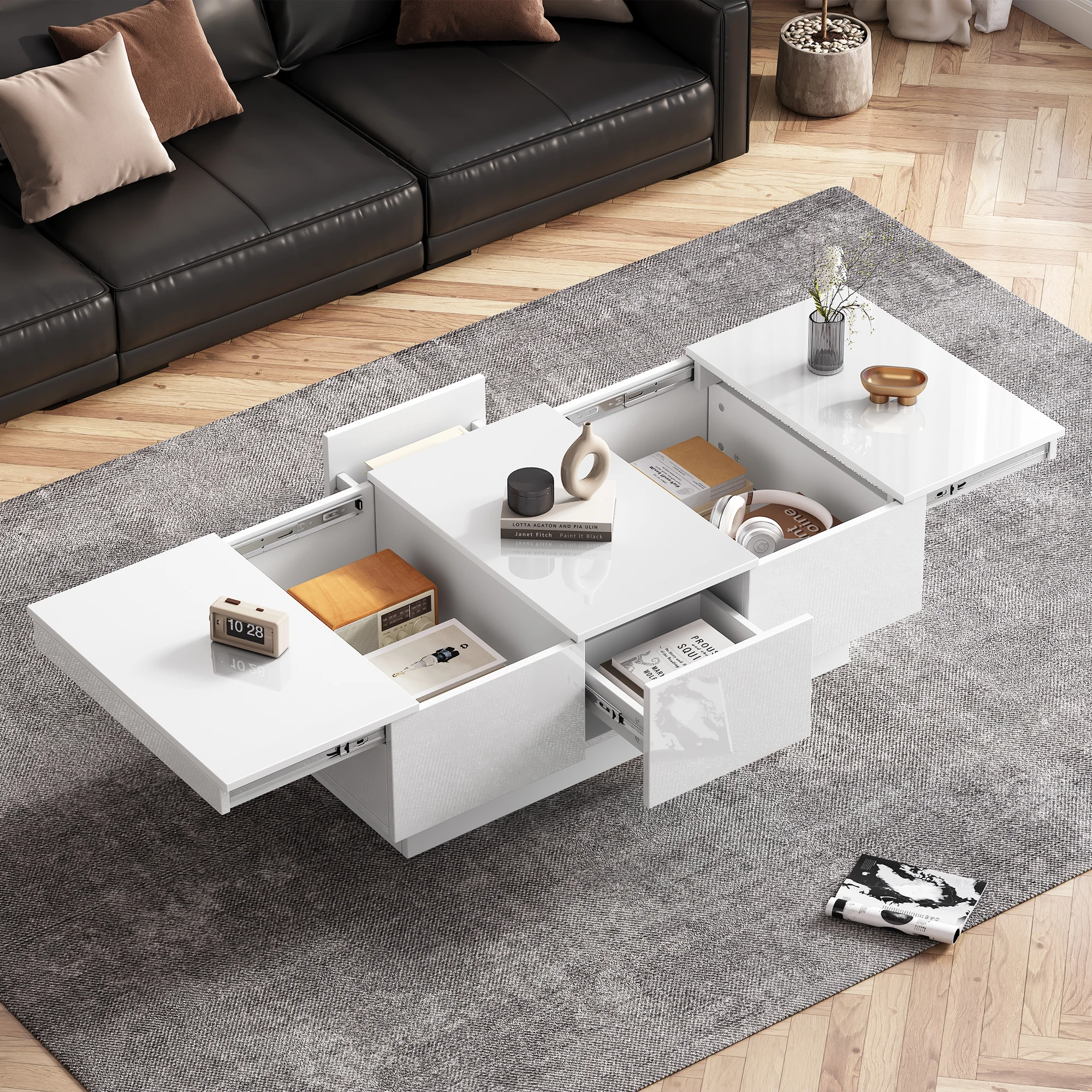 Moderner Hochglanz-Couchtisch 100 x 55 x 35 cm – weiß, mit Schiebefunktion, 2 versteckte Fächer, 2 Schubladen – elegantes Design