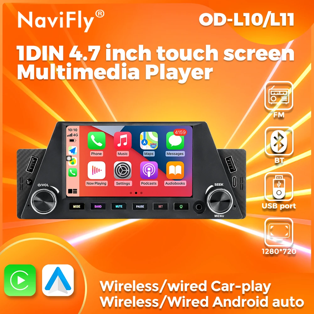 NaviFly 4,7'' Touchscreen Universal Smart Autoradio 1 Din MP5 Multimedia Player Wireless CarPlay Android Auto FM Stereo GPS BT Image