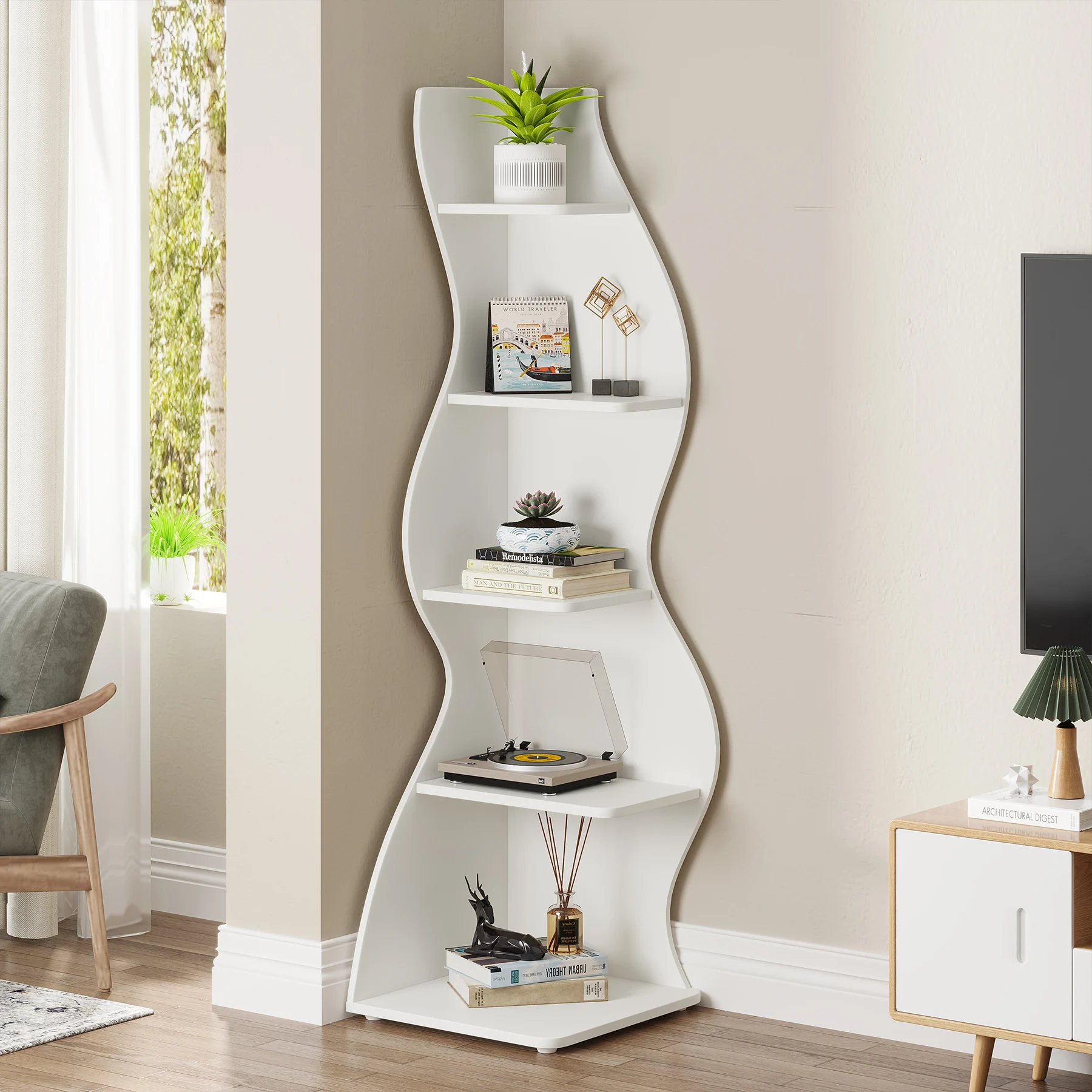 Tribesigns gewelltes Eckregal, modernes 5-stufiges Bücherregal, Bücherregal mit kurviger Form, einzigartiges Pflanzenständer-Präsentationsregal für das Wohnzimmer