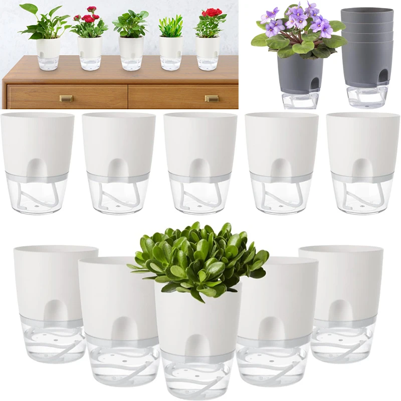 5 Stück durchsichtige, selbstbewässernde Pflanzgefäße, feuchtigkeitsableitende Blumentöpfe, afrikanische violette Kunststofftöpfe mit Gießflasche, moderner dekorativer Pflanzgefäß Image
