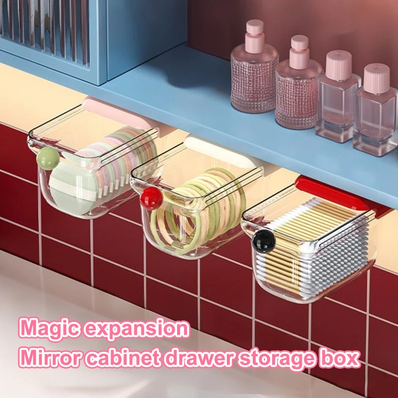 Transparente Badezimmer-Baumwollstab-Aufbewahrungsbox aus Baumwolle für Make-up-Baumwolle, Schlafzimmer, ausziehbare Aufbewahrungsbox im Schubladenstil unter dem Spiegelschrank
