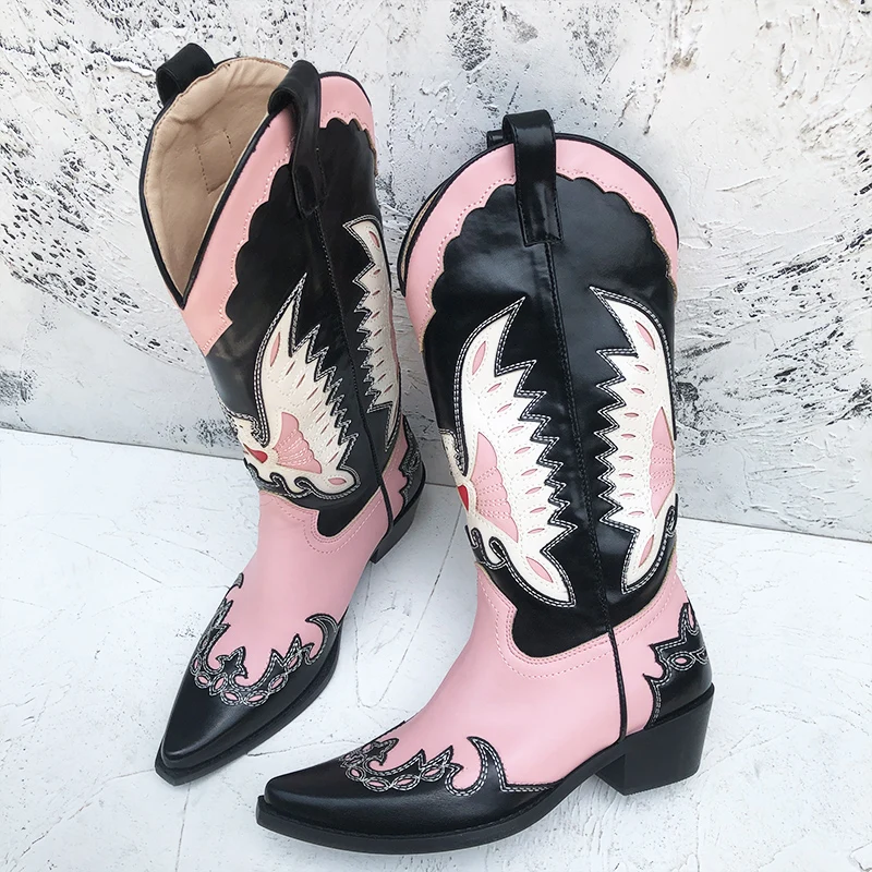 Ippeum Country Western Frauen Cowboys tiefel für Frauen Lederschuhe plus Größe 44 Mid Calf Pink schwarz bestickte Cowgirl Stiefel