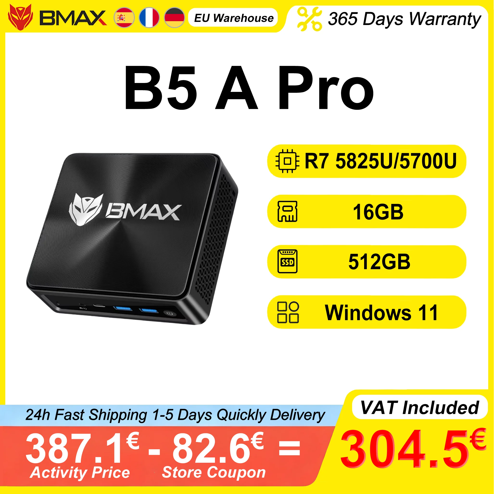 BMAX B5 A Pro Mini-PC AMD Ryzen 7 5825U/5700U 16 GB DDR4 RAM 512 GB NVMe SSD HDMI Typ-C-Display 4K @ 60 Hz Mini-Desktop-Computer Image