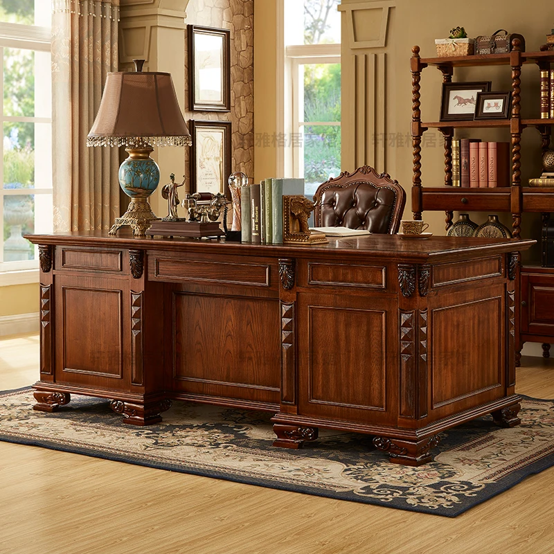 Amerikanischer Schreibtisch aus massivem Holz, Boss-Tisch, großer Klasse-Schreibtisch, Präsidententisch und Stühle, antiker Kalligraphie-Tisch, Computertisch, Schreibtisch Image