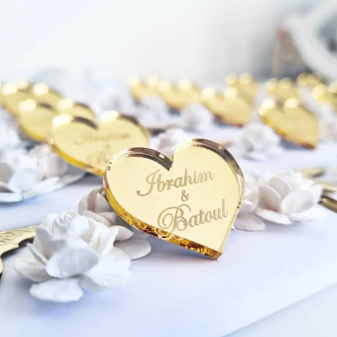 50 * personalisierter individueller Hochzeits-Wein-Charm, Gold/Silber, Spiegel/Klar/Holz, Herz-Label, Anhänger, Partygeschenke, Geschenk, Hochzeitsdekoration