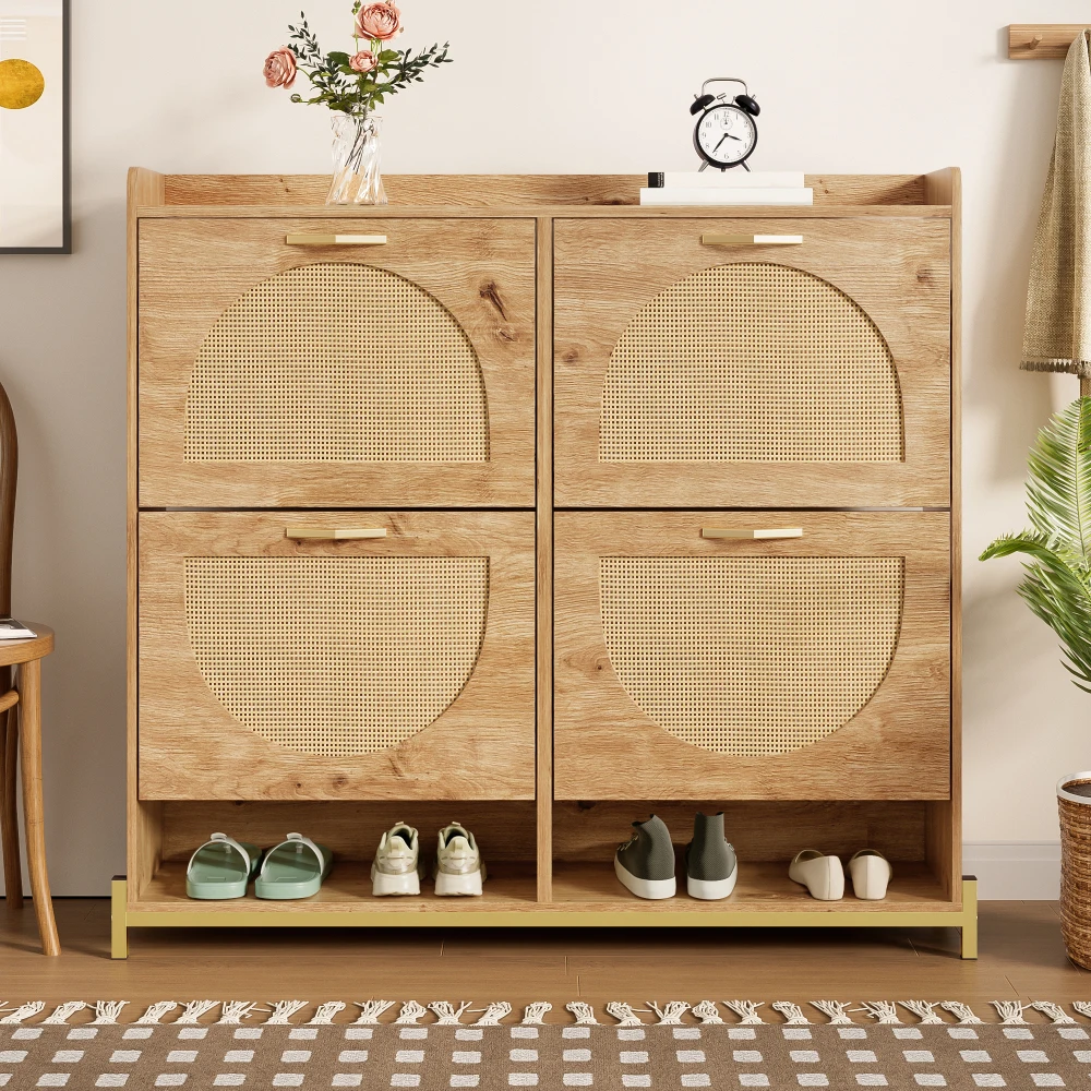 Eleganter Schuhschrank aus Holz mit Rattantüren, 4-türigem, Metallrahmen und oberer Ablage, stilvoller und transparenter Stauraum, für das Wohnzimmer