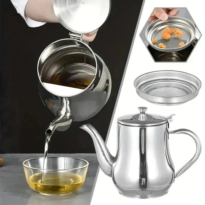 1Pc Haushalt Edelstahl Öl Topf mit Filter Öl Filter Topf Edelstahl Speiseöl Lagerung Topf Küche Gadget
