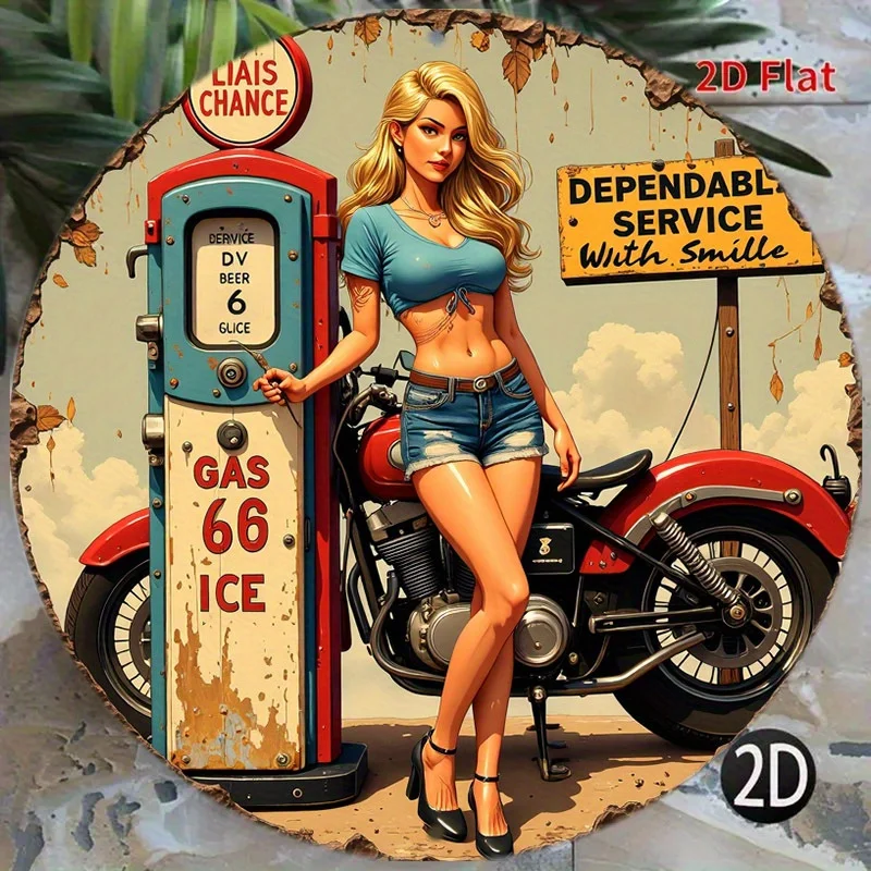 Retro Sign Co. 8 Zoll Vintage Metall Wandkunst, Retro Motorrad Tankstelle Blechschild 50er Jahre Pin Up Bar Cafe Dekor Image