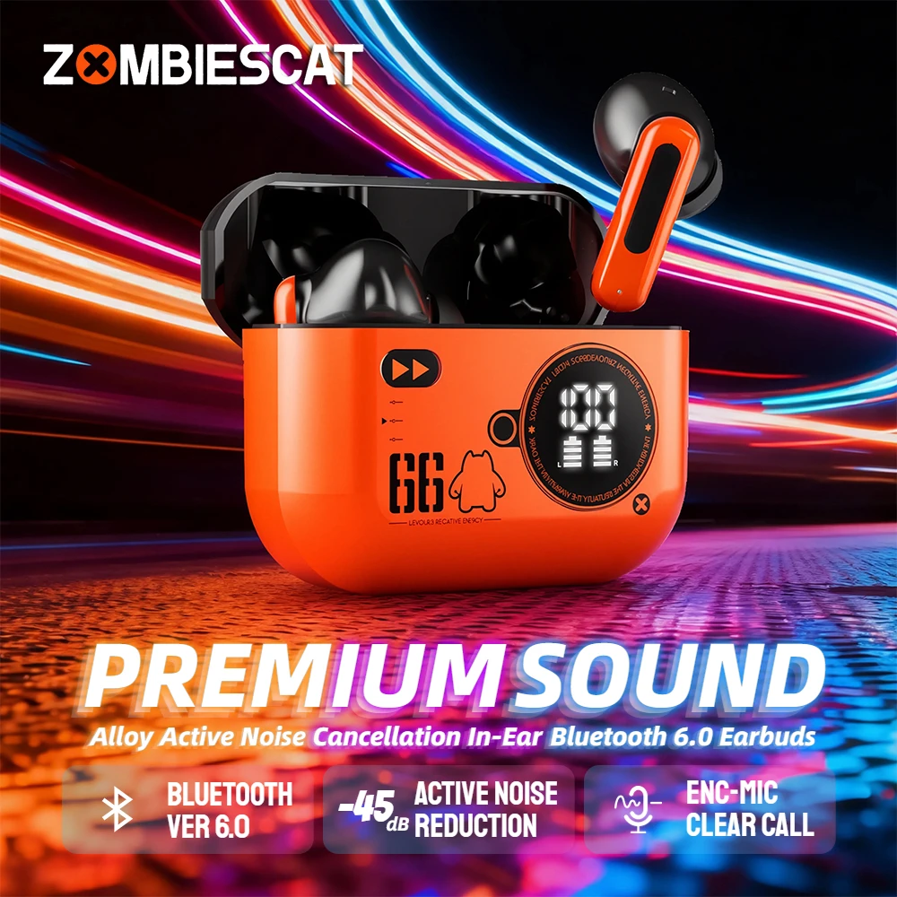 Zombies Cat Alloy ANC Bluetooth 6.0 Ohrhörer – 45 dB aktiver Kopfhörer mit Geräuschunterdrückung, dynamischer räumlicher Klang, kabellose TWS-Kopfhörer Image