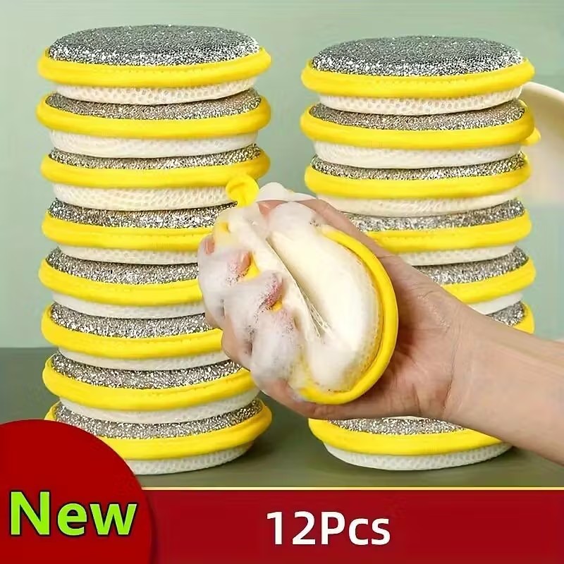 12 Heavy-Duty Kitchen Cleaning Sponges and Scrapers - Non-Scratch Scrubbing Stackable Dish Cloths Green with Beige Surface - For Dishes Pots Pans Countertops - Dishwasher Safe Space-Saving Desig