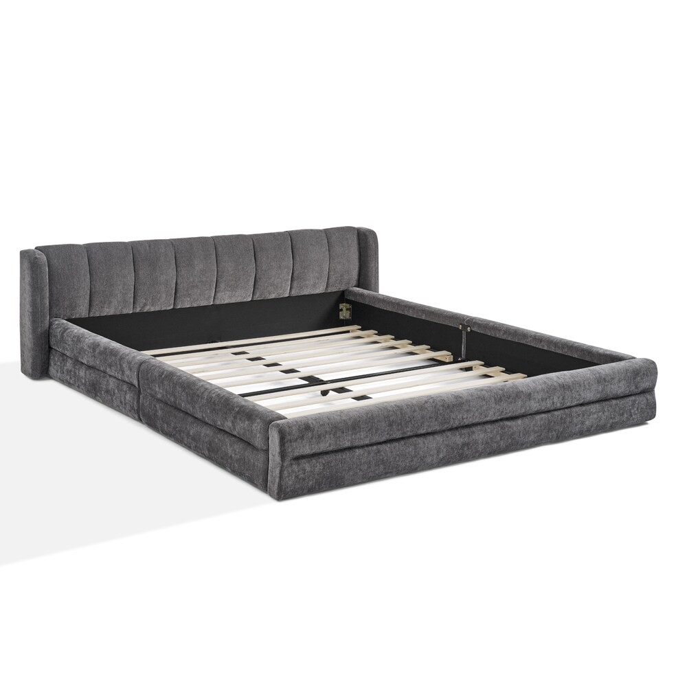 MODFU Doppelbett 140x200 cm, Chenille, ergonomisches Kopfteil, stabiler Eukalyptus- und Eisengestell, Dunkelgrau Image