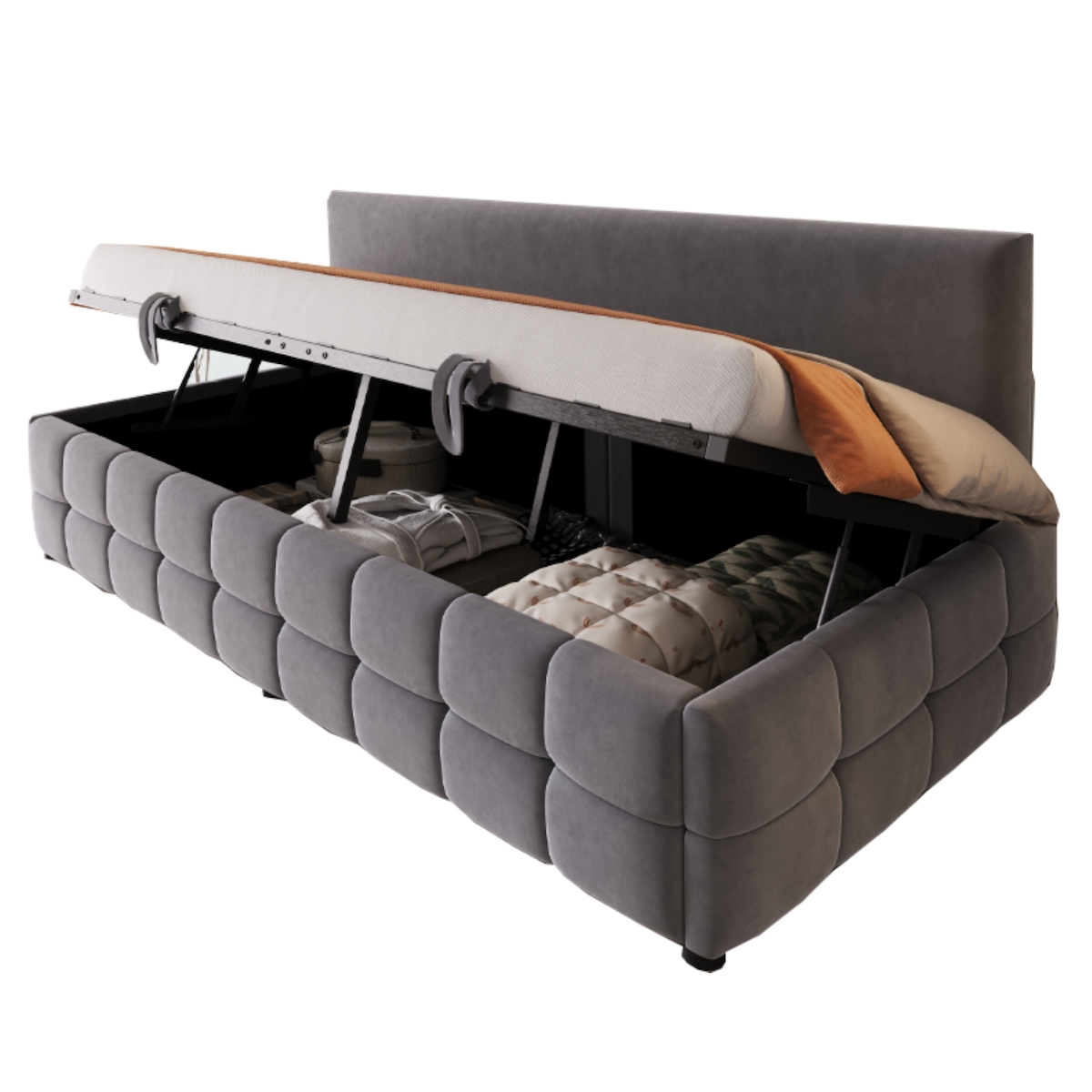 MODFU Polsterbett Schlafsofa 90x200 mit hydraulischem Stauraum, Samtbett mit Rückenlehne, Lattenrost, platzsparendes Einzelbett ohne Armlehnen, Dunkelgrau Image