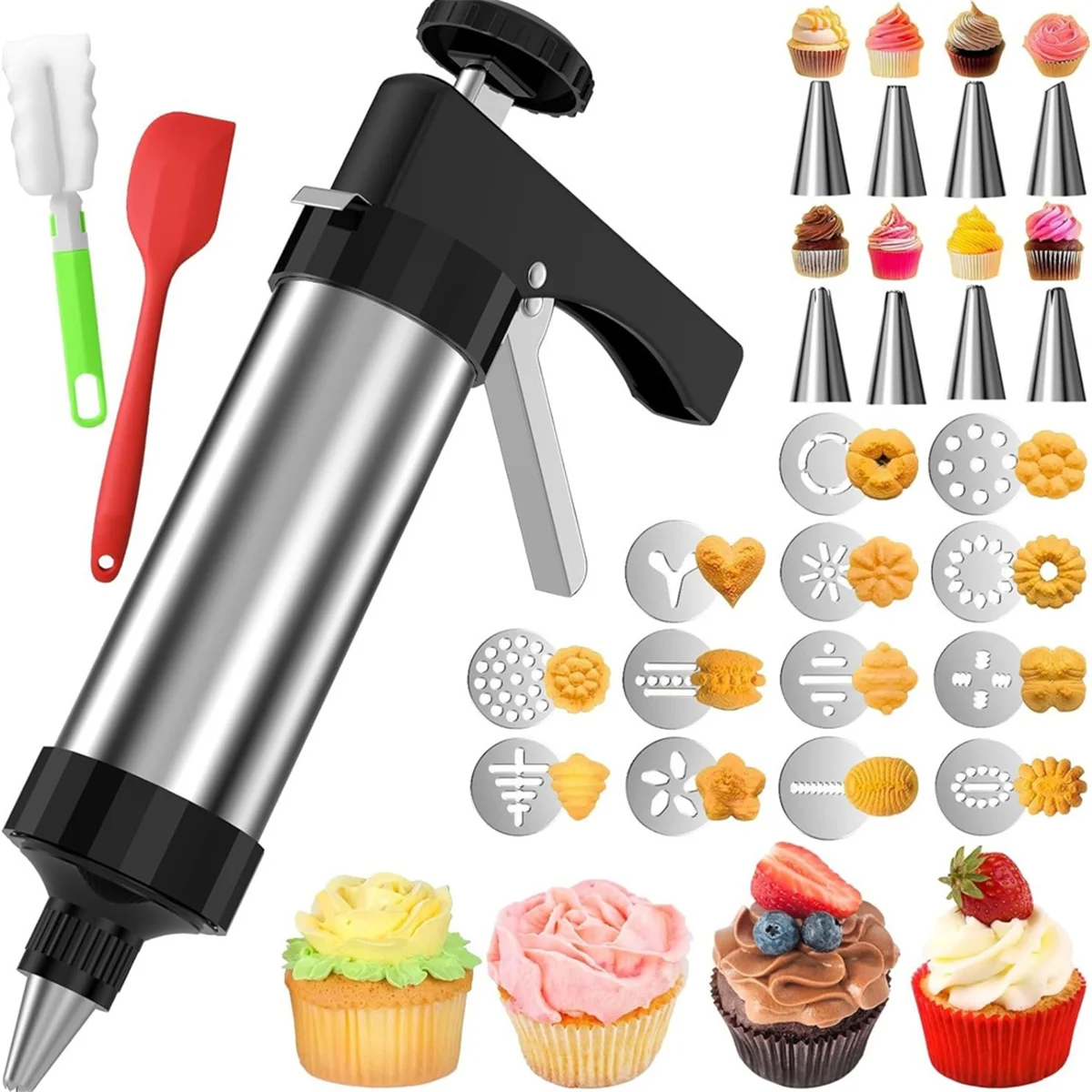 Holen Sie sich! Kekspresse-Set, Kochherstellungsset, Formset, Spritz-Kekspresse, Backwerkzeug mit 13 Discs, 8 Zuckergussspitzen zum Backen zu Hause Image