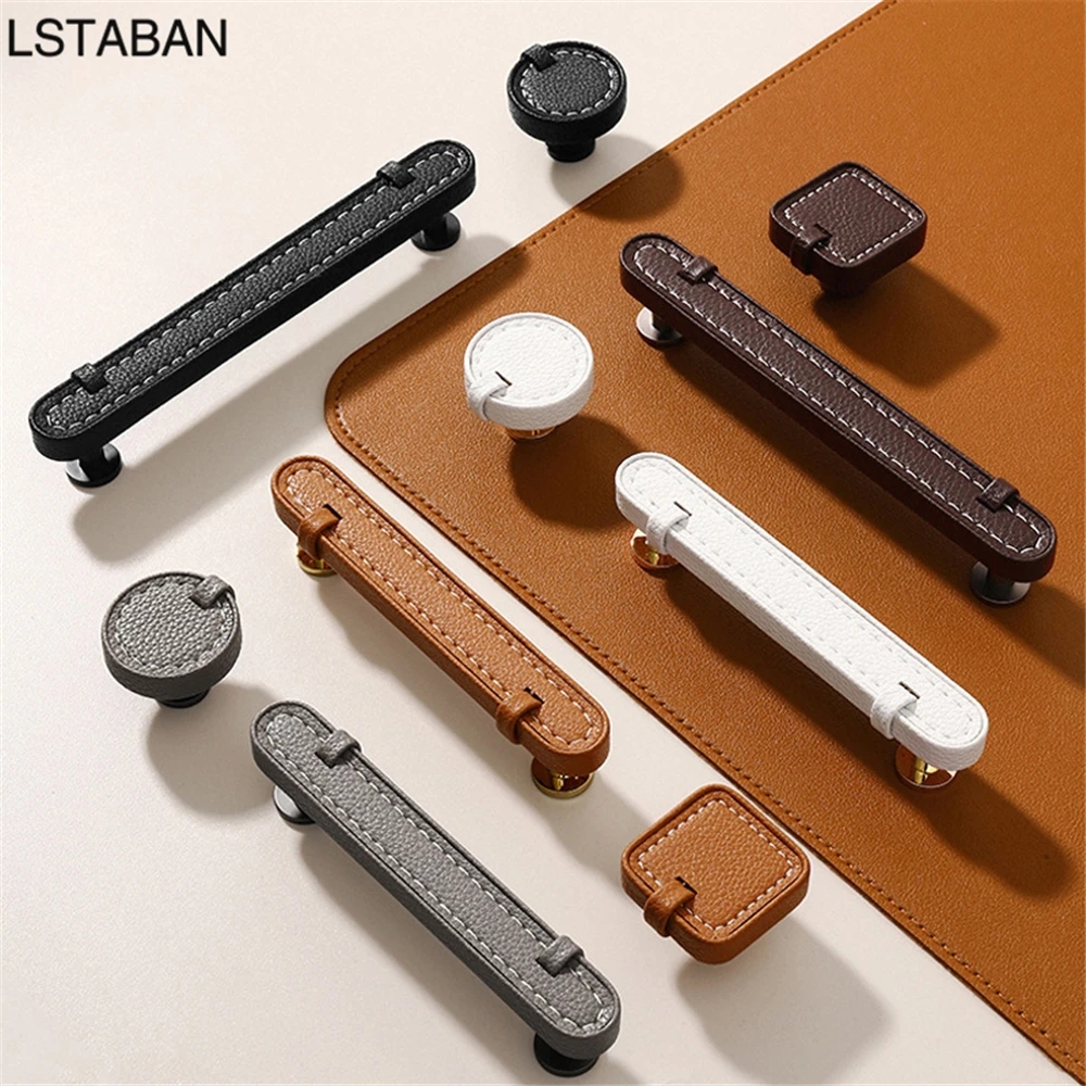 Luxuriöse Schrankgriffe aus Rindsleder für Kleiderschrank Küche Schrankknöpfe Zinklegierung Schuhschrank Möbel Türgriffe Schubladenknopf Image