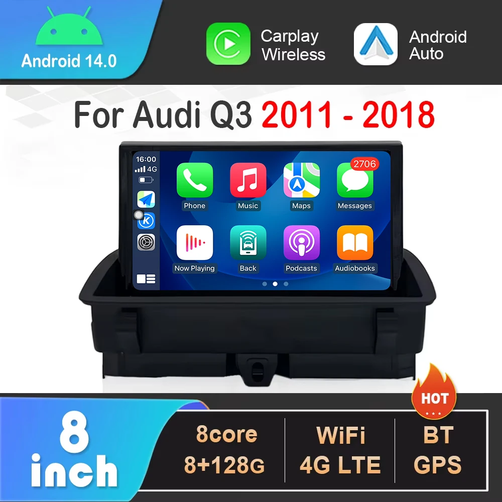 8-Zoll-HD-Touchscreen für Audi Q3 2011–2018 Android 14 Autoradio Video Multimedia Player Wireless Carplay 4G WiFi GPS Image
