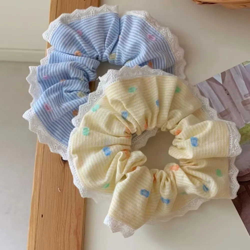 1/2 stücke Koreanische Polka Dot Gestreiften Scrunchies Dickdarm Stirnband Nette Spitze Blau Gelb Haar Bündel College Mädchen Süße headwe Image