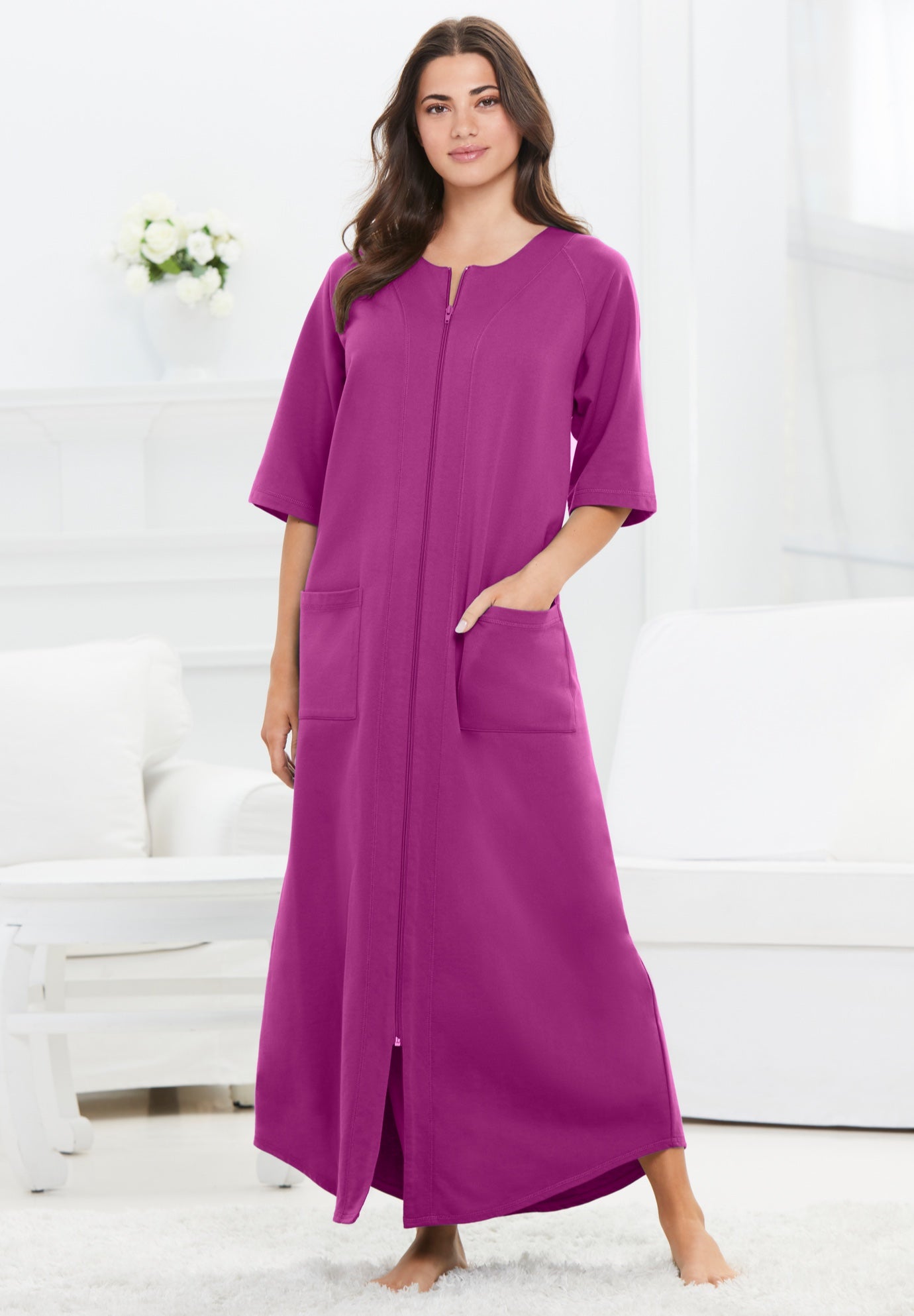 Plus Size Women's Long French Terry Zip-Front Robe by Dreams & Co. in Rich Magenta (Size S)