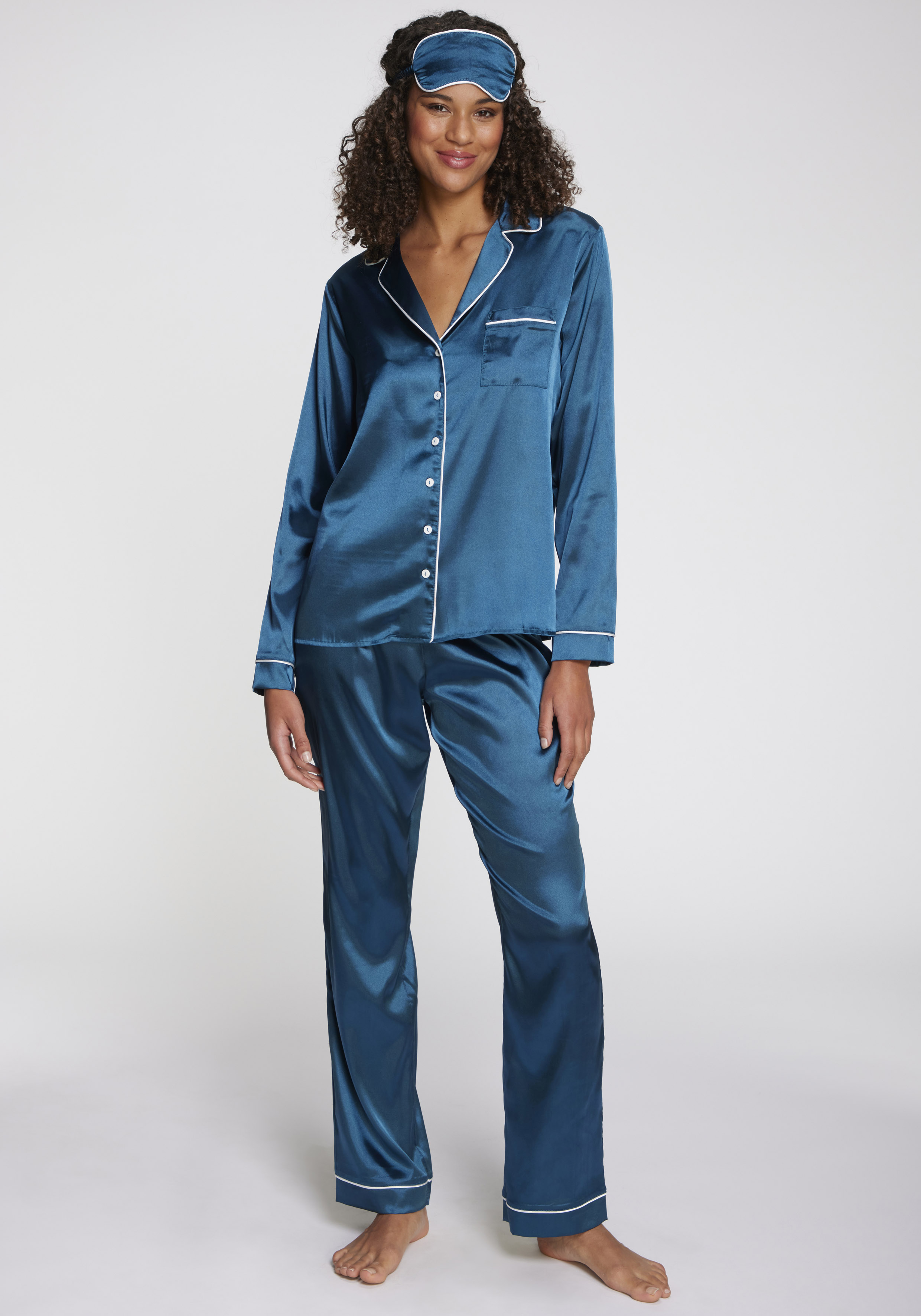 Pyjama S.OLIVER, Damen, Gr. 50, dunkelgrün, Webqualität, Obermaterial: 95% Polyester, 5% Elasthan, unifarben mit Farbeinsatz, regular fit lang, V-Ausschnitt, Manschette, Homewear-Sets Pyjama, Mit schöner Schlafmaske