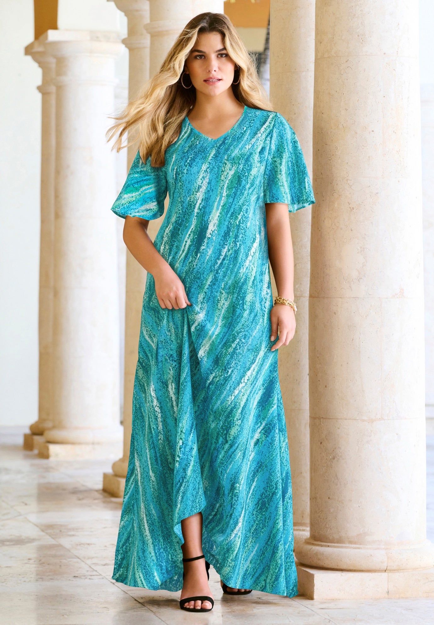 Plus Size Women's Plus Size Hand Crinkled Flutter-Sleeve Maxi Dress by Roaman's in Ocean Textured Stripe (Size 14/16)