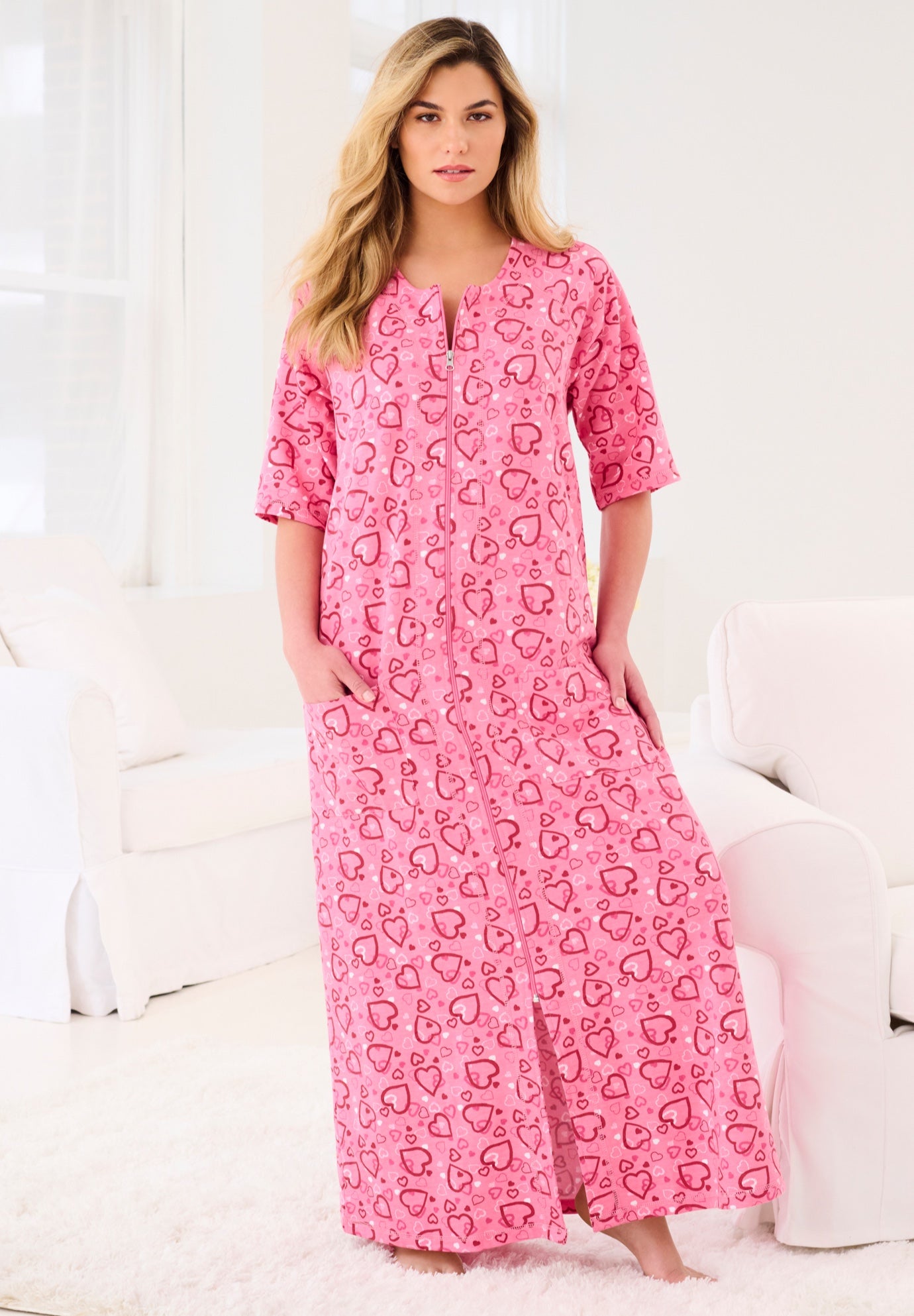 Plus Size Women's Long French Terry Zip-Front Robe by Dreams & Co. in Pink Hearts (Size S)